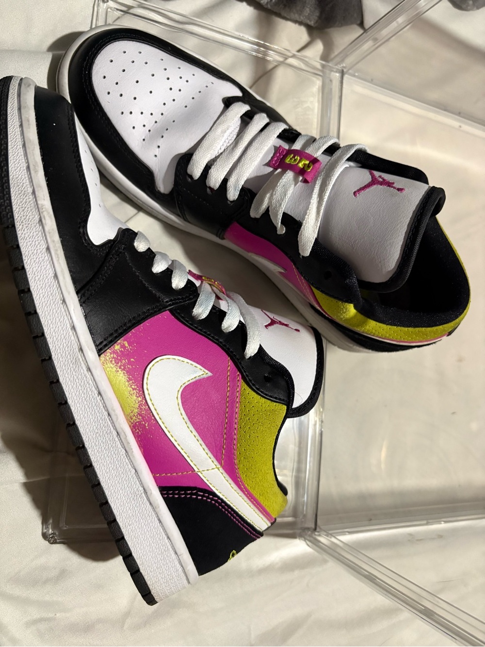 Nike Women’s Low-Top Sneakers in White, Black, Pink & Yellow Jordan One Lows